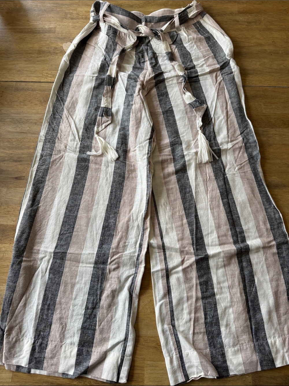 VENUS Striped Wide-Leg Tie-Waist Pants in Black, Cream & Brown